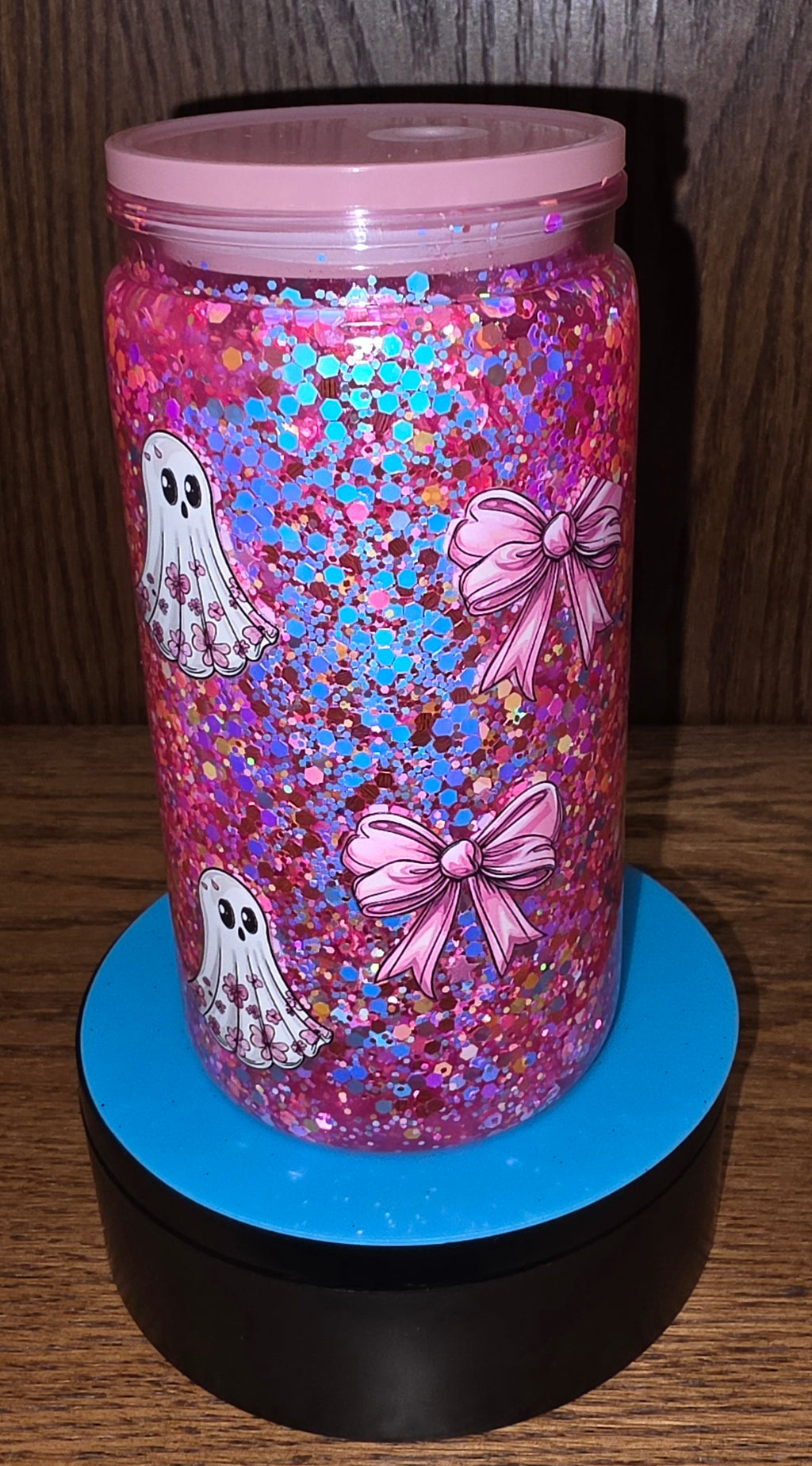 Pink Ghost Bows Snow Globe Tumbler | 16 oz | Ready to Ship