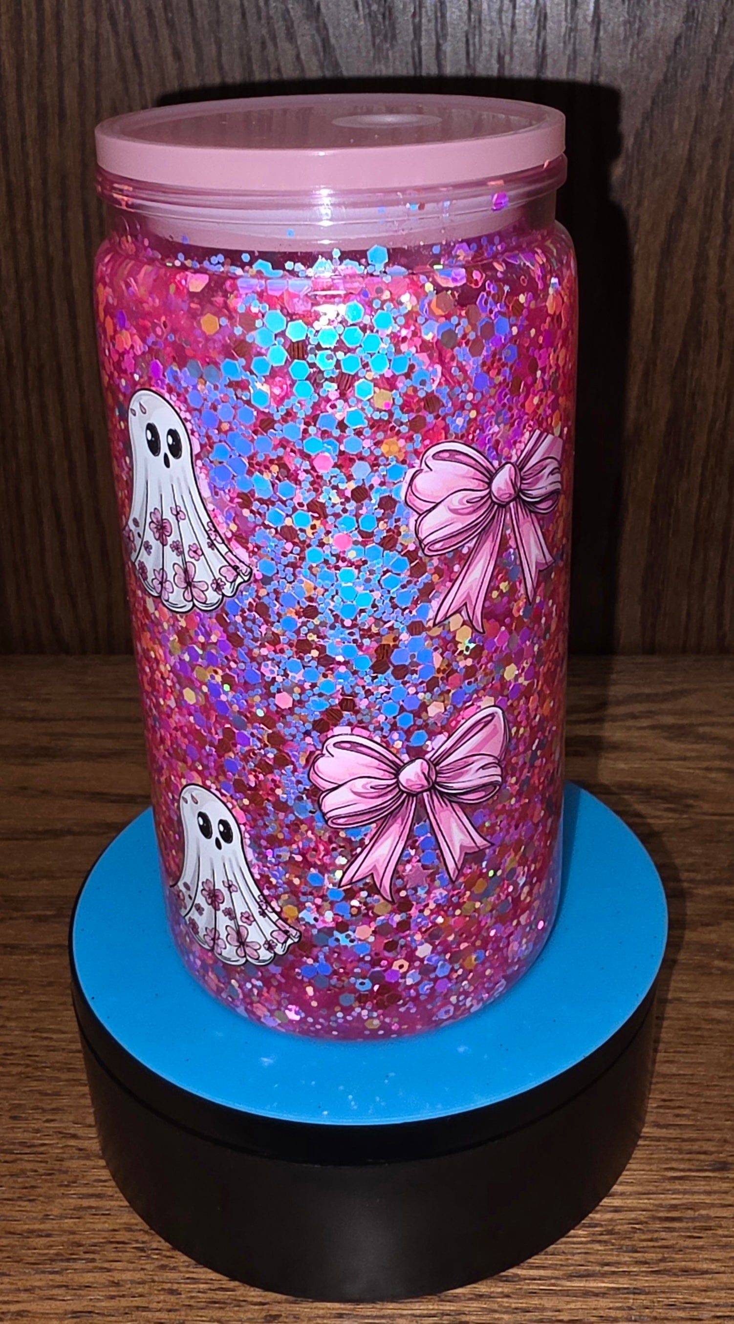 Pink Ghost Bows Snow Globe Tumbler | 16 oz | Ready to Ship