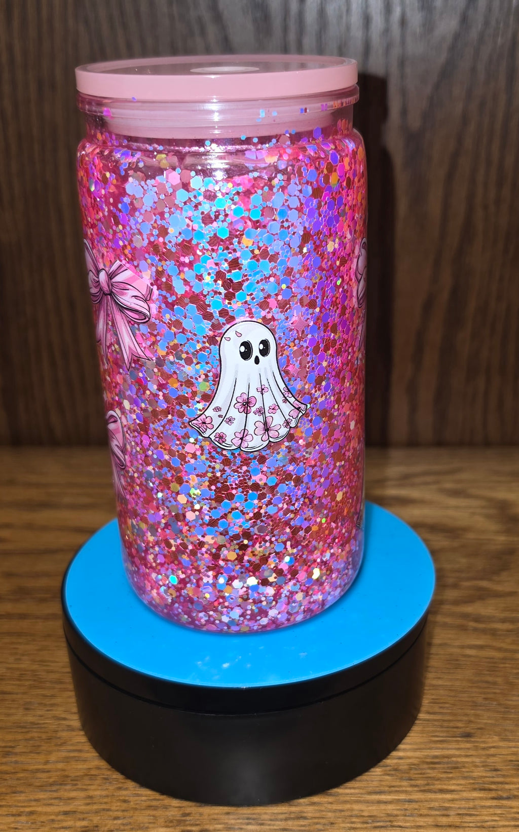 Pink Ghost Bows Snow Globe Tumbler | 16 oz | Ready to Ship