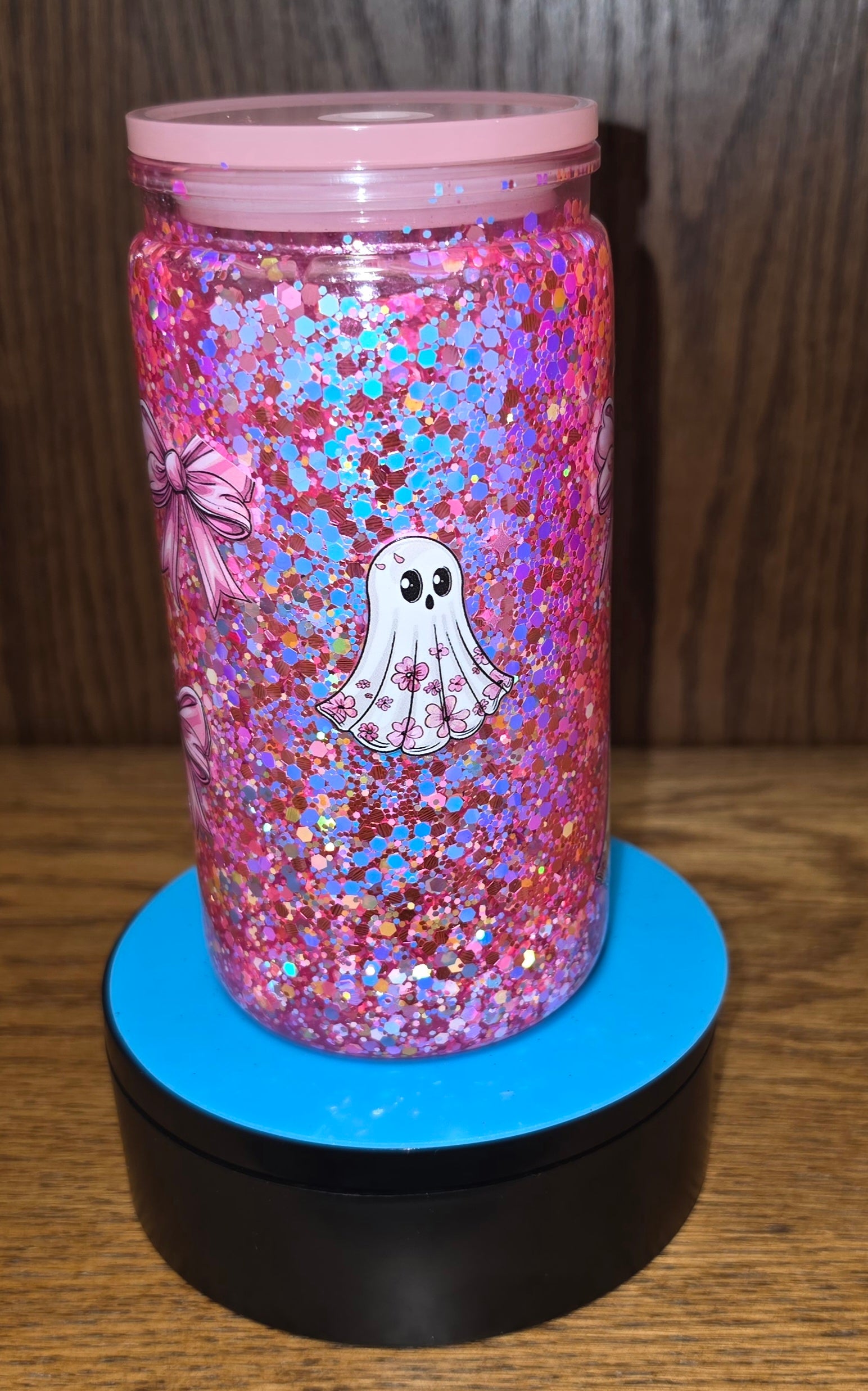 Pink Ghost Bows Snow Globe Tumbler | 16 oz | Ready to Ship